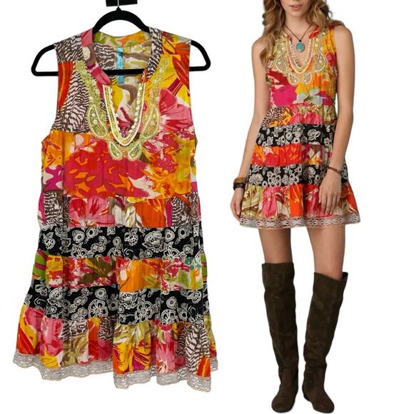 Free People Dresses & Skirts - Free People Paisley Necklace Dress Baby Doll Coloful Boho Y2K Patchwork Large